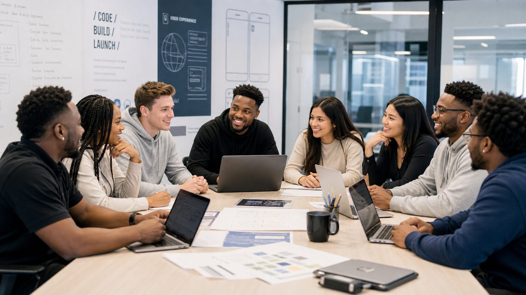 Diverse young professionals collaborating in modern workspace